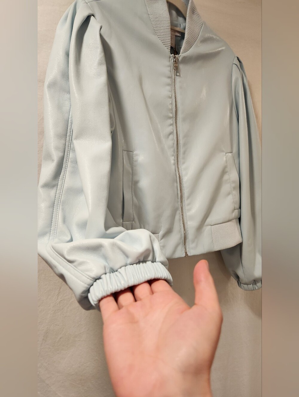 House Of Harlow 1960 Vegan Faux Leather Puff Sleeve Blue Bomber Jacket Size M - Picture 4 of 6